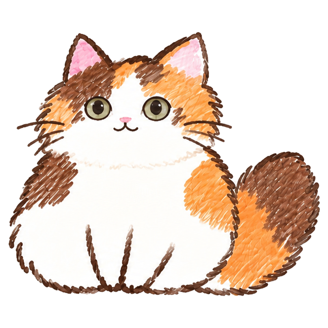 しっぽを横に出して座る三毛猫のパン
