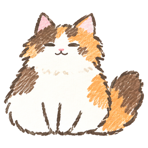 目をつむって座る三毛猫のパン