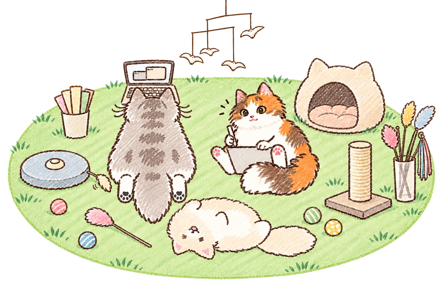 鳥のモビール、ねぐら、爪とぎや猫のおもちゃが並ぶ芝生のプレイルームで、パソコンを使うピコ、絵を描くパン、寝転がるポン
